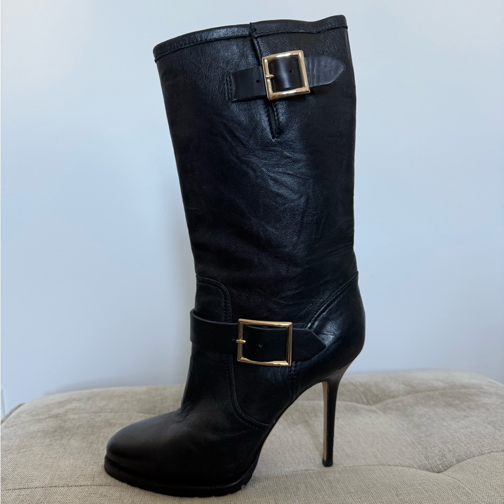Jimmy Choo Black Leather Motorcycle Galen Stiletto Boots Size 39